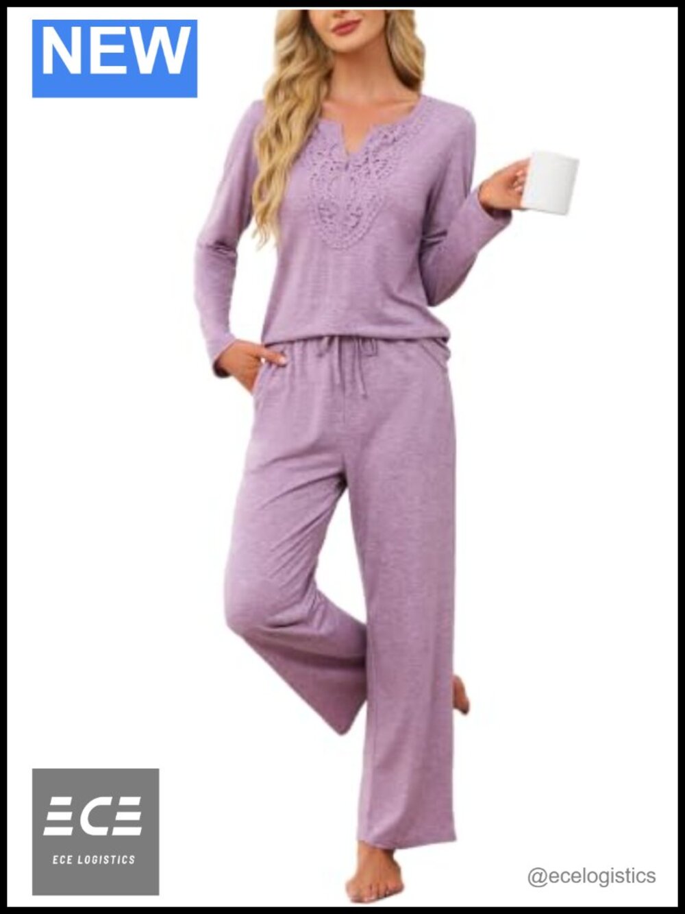 Women's Long Sleeve Pajama Set Lace V-Neck Wide Leg Lounge Sleepwear